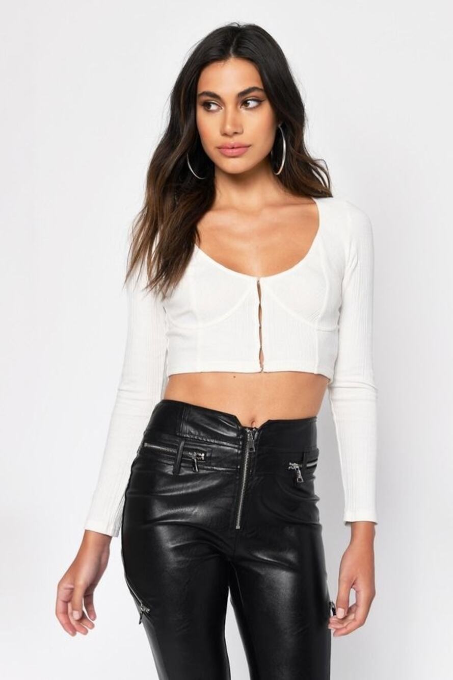 Tobi White Long Sleeve Lift My Spirits Hook & eye Crop Top Women's Size Large